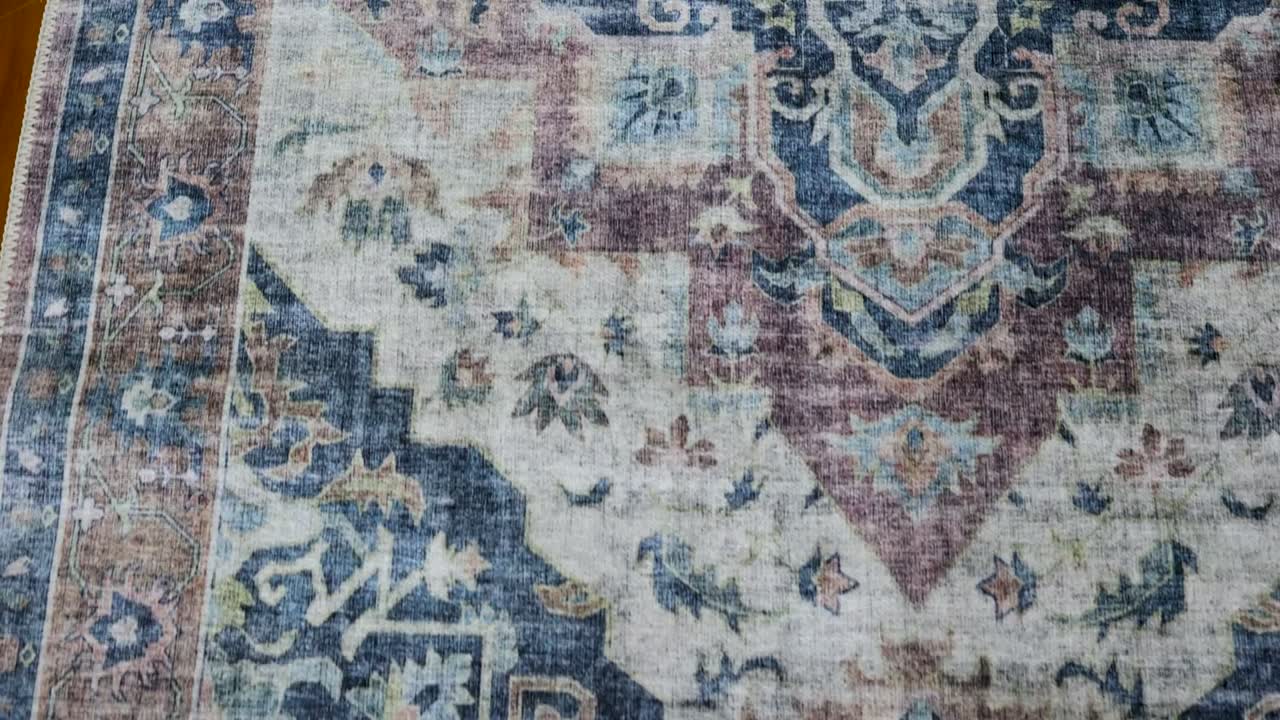 Shenandoah Wine/Navy/Tan rug, filmed on a wood floor